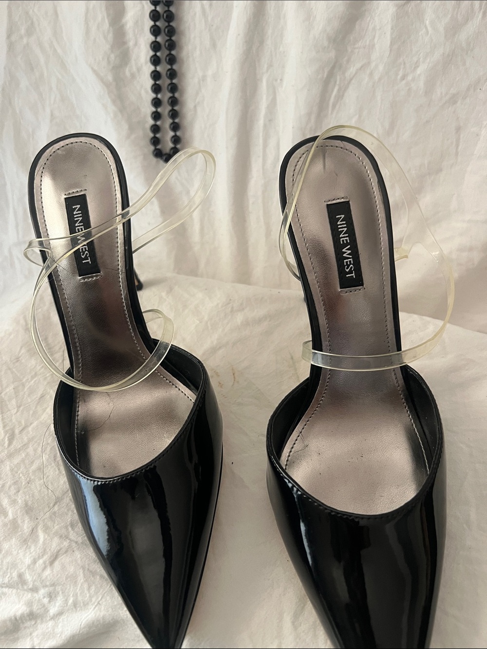 Nine West Black Patent Pointed Toe Heels with Clear Straps